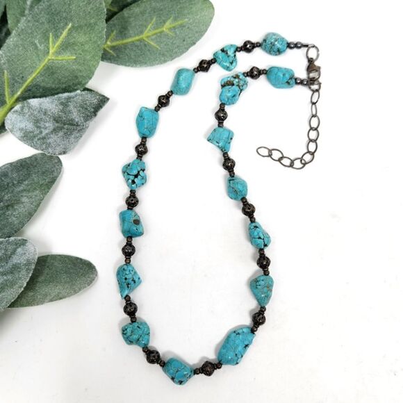 STERLING SILVER Faux Turquoise Nugget Necklace - Picture 1 of 8